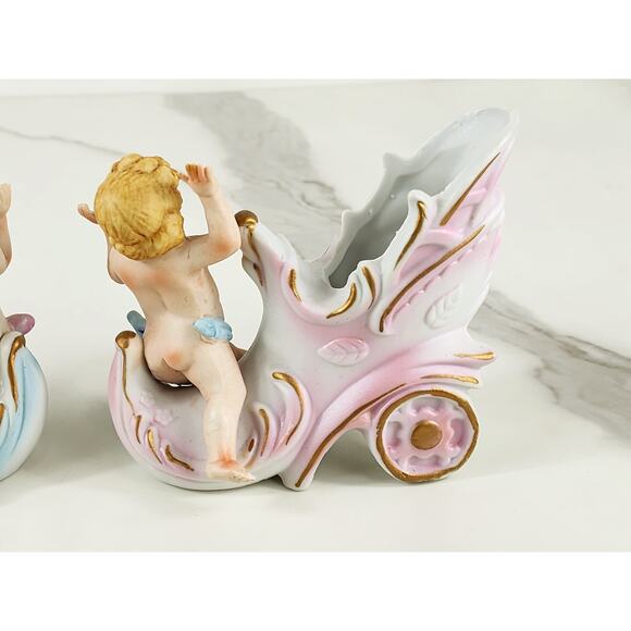 Putti Cherub Shoe Cart Porcelain Bisque 4" Figurine Blue Pink Home Decor x2 - Picture 11 of 16
